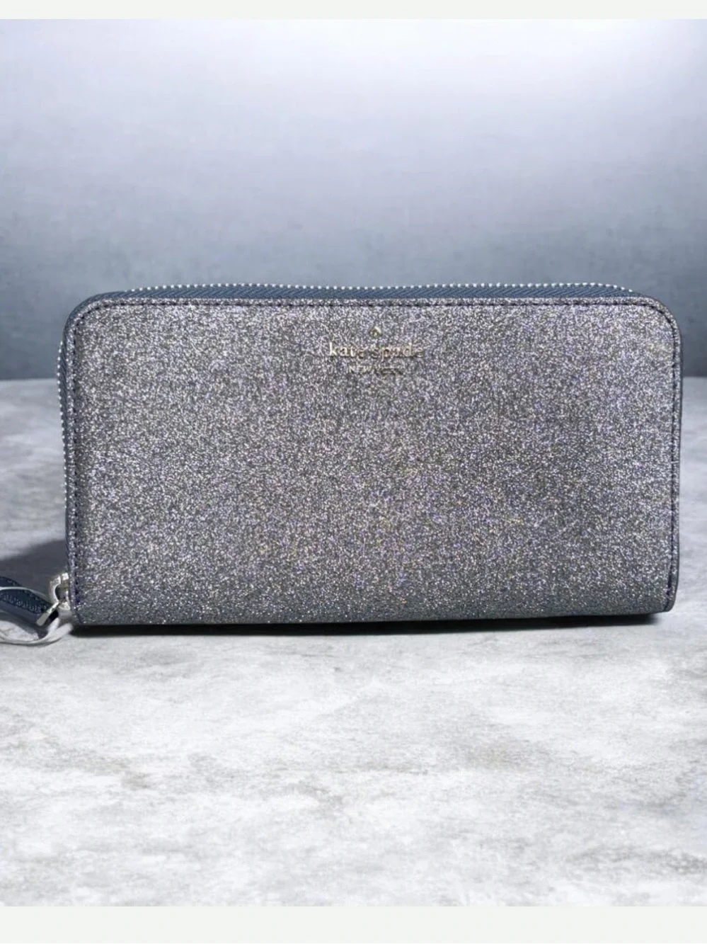 kate spade Lola Dusk Navy Glitter Zip Wallet with silver undertones like new